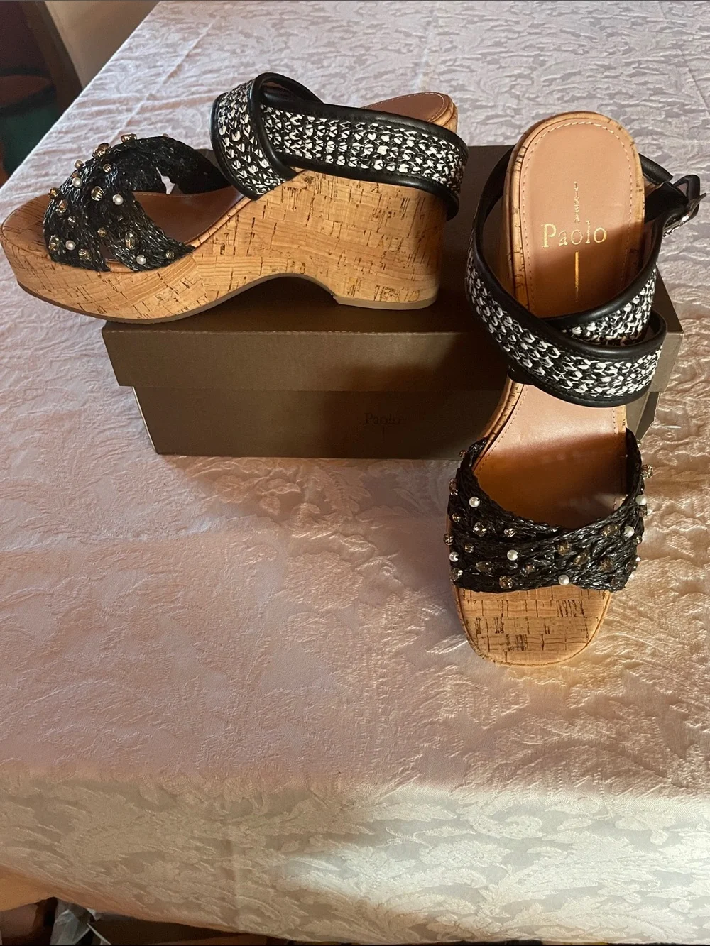 Paolo Black & Cork Beaded Pearl Wedge Sandals